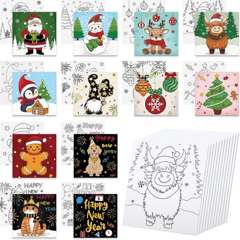Anseal 12 Packs Pre Drawn Canvas to Paint, 4" X 4" Merry Christmas Happy New Year Pre-Printed Canvas Paint Party, Stretched Outline Painting Boards for Beginners, Party Favor - Image 1
